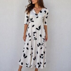 Noracora White Black Leaf Print V-Neck Midi Dress XXL Elbow Sleeve A-Line Boho